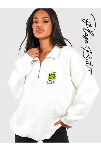 Plaza Butik Women's Relaxed Fit Oversize Cotton Fleece Inside Half Zipper Stand Collar Printed Sweatshirt