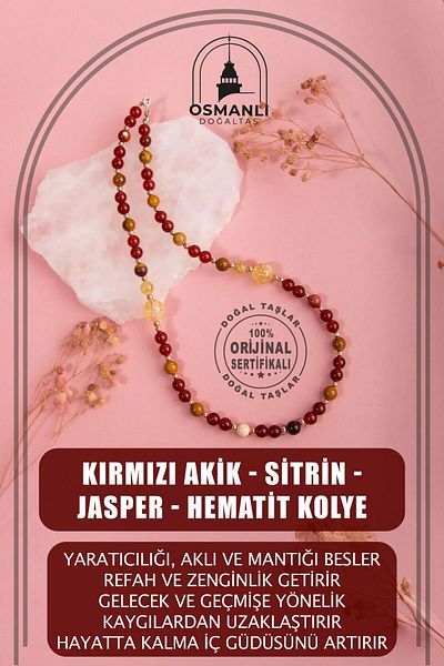 OSMANLI DOĞAL TAŞ قلادة فضية من حجر العقيق الأحمر والسيترين والجاسبر والهيماتيت الطبيعي