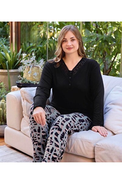 İpek Women's Long Sleeve Plus Size Lace Pajama Set