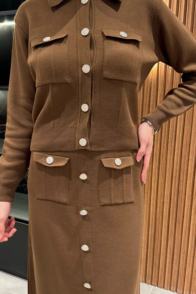 julude Καφέ Κουμπί Λεπτομερής Ζακέτα Φούστα Hijab Πλεκτό Σετ δύο τεμαχίων