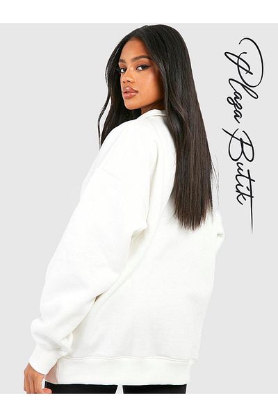 Plaza Butik Women's Relaxed Fit Oversize Cotton Fleece Inside Half Zipper Stand Collar Printed Sweatshirt