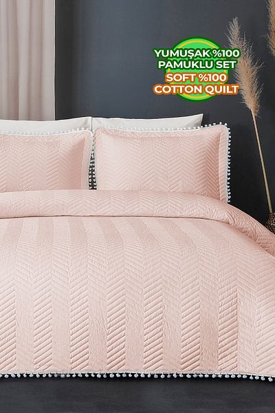 Evlen Home Collection 100% Cotton Single Bedspread (Pique) Set with Pompom Powder