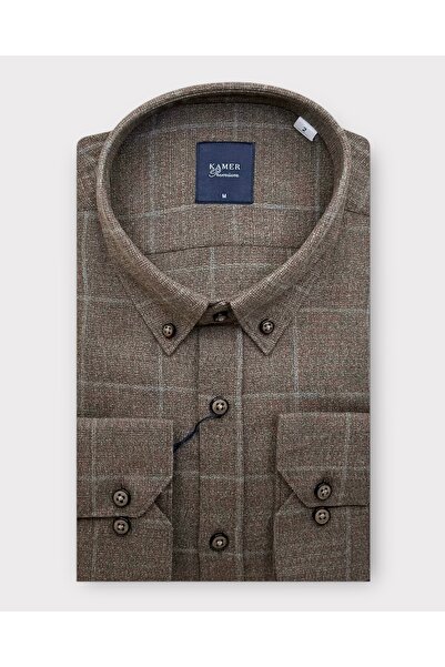 KAMER ERKEK KIŞLIK REGULAR FIT UZUN KOL DÜĞMELİ YAKA EKOSE BEJ GÖMLEK 3566E