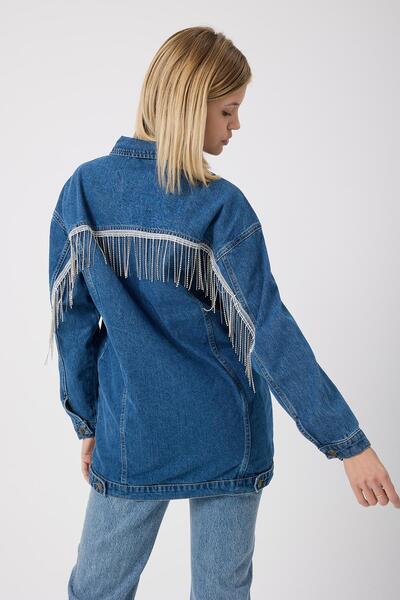 Polo State Kadın Zincir Detaylı Kot Ceket Mavi