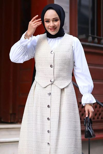 Tesettür Diyarı Women's Three Button Vest Tweed Hijab Suit