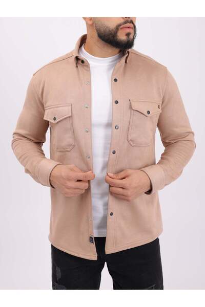cliento Erkek Bej Regular Fit Cepli Mevsimlik Süet Nubuk Gömlek