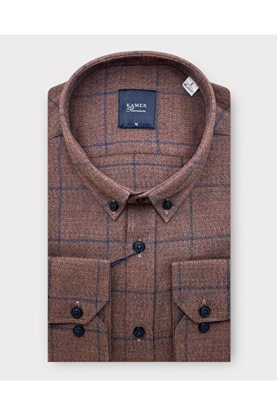 KAMER ERKEK KIŞLIK REGULAR FIT UZUN KOL DÜĞMELİ YAKA EKOSE TABA GÖMLEK 3566T