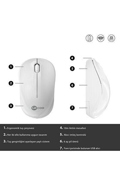 Lecoo Ws206 Kablosuz 1200dpı 3 Tuşlu Optik Mouse Beyaz