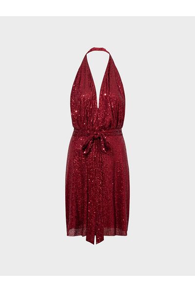 RİVUS Burgundy Sequined Short Dress - Low-Cut and Sling