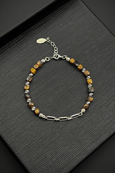 FRNCH 925 Ayar Gümüş ve Kaplan Gözü Doğal Taşlı Kahverengi Erkek Bileklik FRJ...