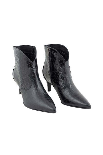 RİVUS Pointed Toe Leather Boots with Low Heel - Black