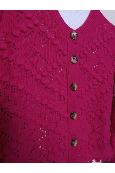 Modamorfo Openwork Embossed Bone Buttoned Knitwear Cardigan -Fuchsia