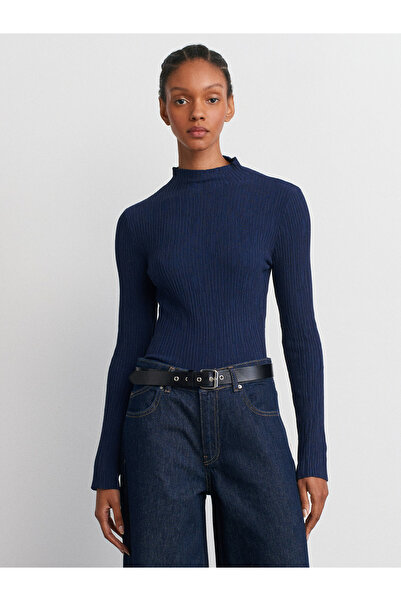 Dilvin 10631 Stand Collar Thin Textured Knitwear Sweater-Navy