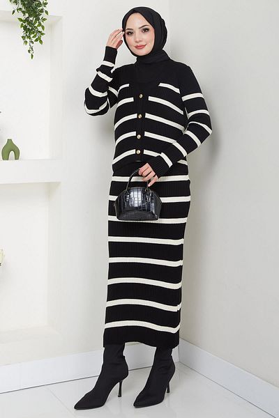 hafsamina Black Striped Gilet Knitwear Set - Hm2634