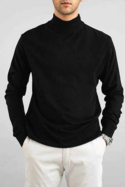 BUPPO سترة تريكو سوداء بقصة ضيقة نصف الياقة المدورة