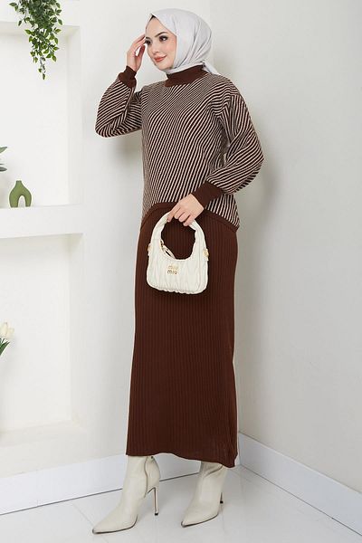 hafsamina Hm2591 Model Horizontal Striped Knitwear Sweater and Gilet Set - Brown