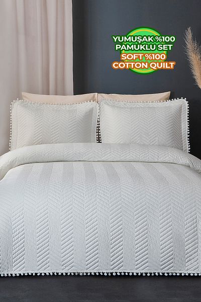 Evlen Home Collection Ollie Double Pompom Quilted Bedspread - 100% Cotton, White Cream