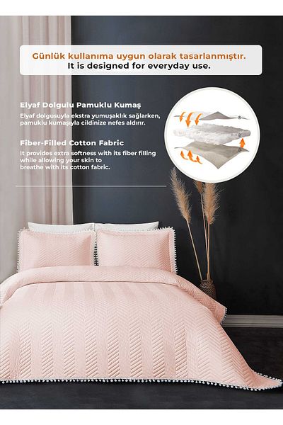 Evlen Home Collection Ollie Double 100% Cotton Bed Set - Pompom Quilted Stripes, Daily Powder