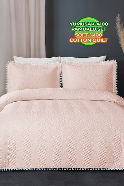 Evlen Home Collection Ollie Double 100% Cotton Bed Set - Pompom Quilted Stripes, Daily Powder