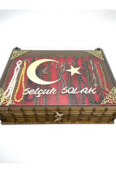 Yaman Hediyelik Kişiye Özel Şeffaf Kapaklı Ahşap Tesbih Koleksiyon Kutusu Tespih Kutusu (30 TESBİHLİK)