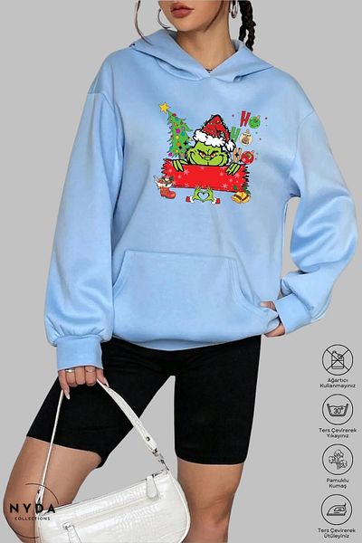 Nyda Collections Hanorac cu glugă unisex cu imprimeu de Anul Nou Heart Grinch - mânecă lungă, bumbac supradimensionat