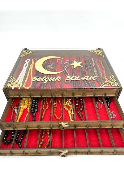 Yaman Hediyelik Kişiye Özel Şeffaf Kapaklı Ahşap Tesbih Koleksiyon Kutusu Tespih Kutusu (30 TESBİHLİK)