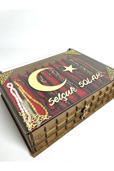 Yaman Hediyelik Kişiye Özel Şeffaf Kapaklı Ahşap Tesbih Koleksiyon Kutusu Tespih Kutusu (30 TESBİHLİK)