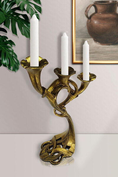 Genel Markalar 3 Mumlu Dekoratif Şamdan – Siyah ve Altın Eskitme Tasarım, Modern Dekor