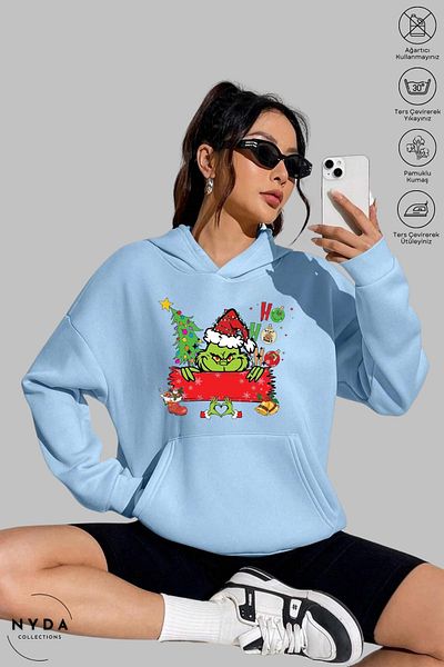 Nyda Collections Hanorac cu glugă unisex cu imprimeu de Anul Nou Heart Grinch - mânecă lungă, bumbac supradimensionat
