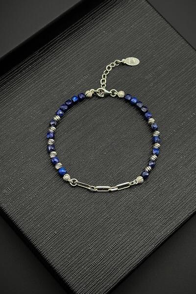 FRNCH 925 Ayar Gümüş ve Lapis Lazuli Doğal Taşlı Lacivert Erkek Bileklik FRJ1...