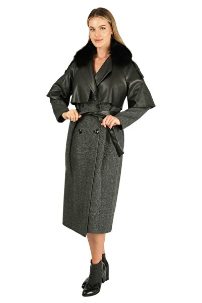 AGSPARK Yaka Çıkabilir Kürklü Deri Aller Detaylı Kaban-4253