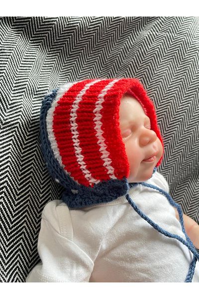 The Cloudish Shop Laura Lora Knitted Baby Beanie - Red Blue and White Hat Bonnet, 0-6 Months