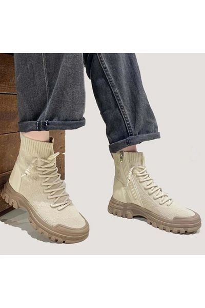 Guja Γυναικεία 24K310 Μπεζ δέρμα Πλεκτά Πλεκτά Lycra Πλατφόρμα Πλήρωση Χοντρή σόλα Casual Sneaker Αθλητικά Μποτάκια Παπούτσια