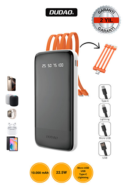 DUDAO Εξωτερική μπαταρία 10000mAh 10W, 3 ενσωματωμένα καλώδια (USB-C, iPhone,...