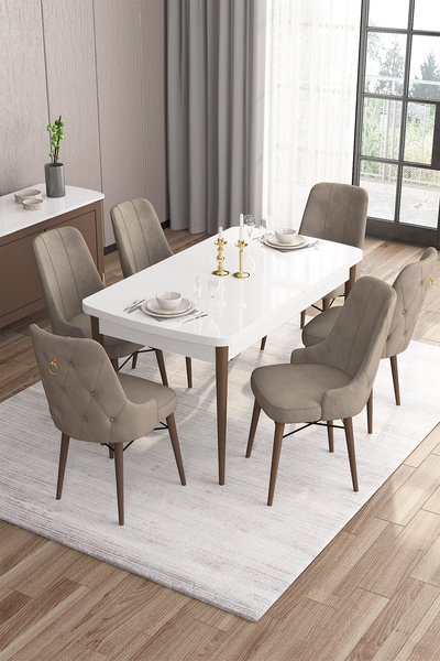 Canisa Concept Are Serisi 80x132 Açılabilir Beyaz Masa Ceviz Ayaklı Masa Takı...