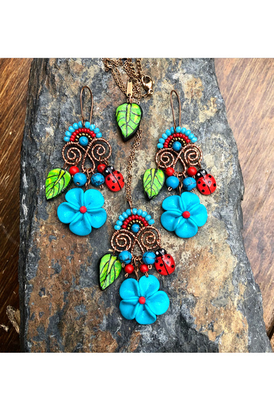 Bakır tel sarma-fimo küpe-kolye