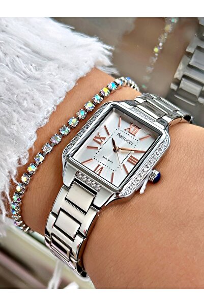 Ferrucci Gümüş Renk Kare Taşlı Model Roma Rakamlı Çelik Kordon Kadın Kol Saat...