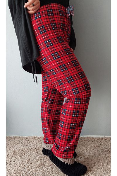 Bahar design Oversized Single Jersey Velvet Women's Red Plaid Pattern Pajama Bottom