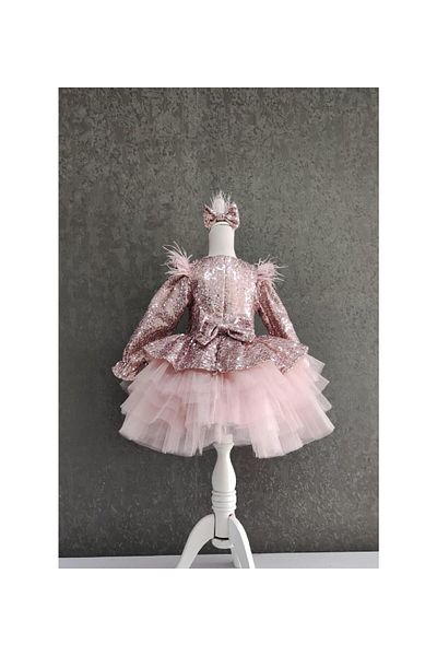 Mashotrend Feather Shoulder V Back Sequined Girls' Dress - Children's Evening Dress - Girls' Evening Dress - Children's Graduation Dress