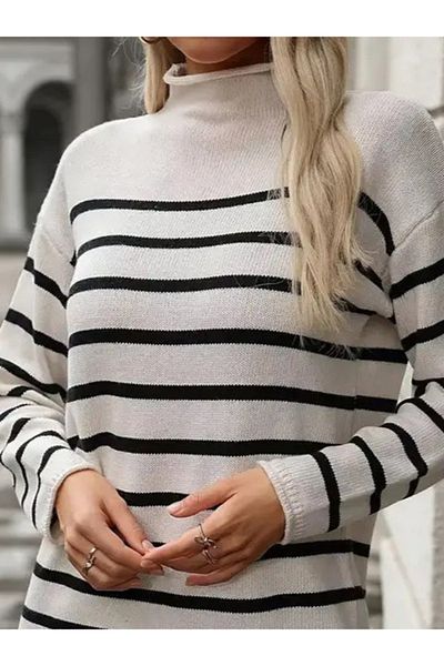Moka Shopin MokaShopin Rochie mini-lungime pentru femei cu mânecă lungă, cu jumătate de gât țesut, cu dungi (fără curea)