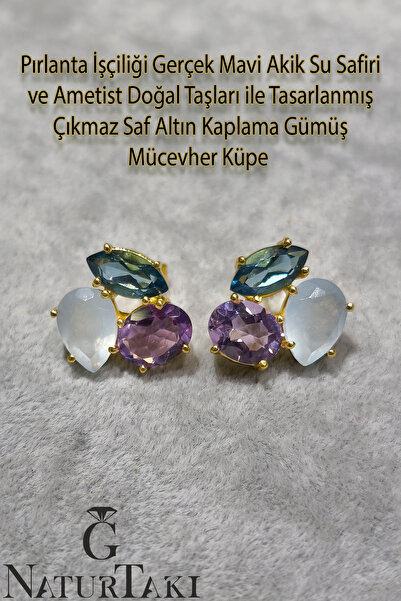 Naturtakı Gümüş Üzeri Çıkmaz Saf Altın Kaplama Su Safiri Mavi Akik ve Ametist...