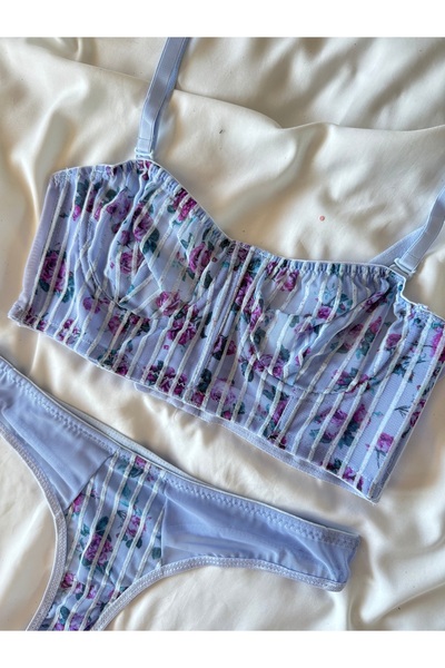 ROZENİN LINGERIE Σετ σουτιέν με μπλε φλοράλ κορσέ Glittery Tulle Bustier