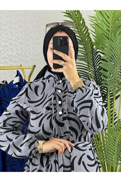 Ayşo Γυναικείο φόρεμα με μοτίβο σε γκρι χρώμα Plus Size Karin Aerobin υφασμάτινο με μισό μπροστινό κουμπί και ζώνη Hijab