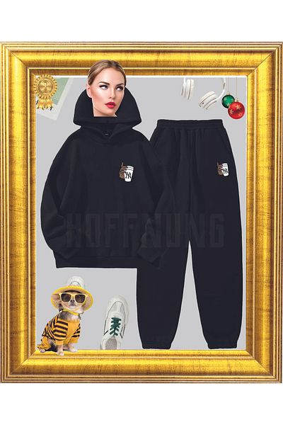 HOFFNUNG Cute Cat Full Shorts Sweatpants - Crew Neck Set