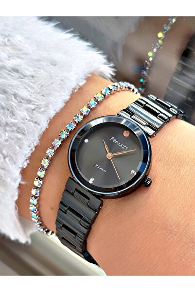 Ferrucci Siyah Renk Klasik Model  Çelik Kordon Kadın Kol Saati + BİLEKLİK