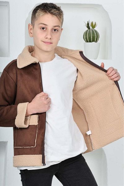 Uğur bebe Boy's Brown Pocketed Suede Jacket with Fur Model