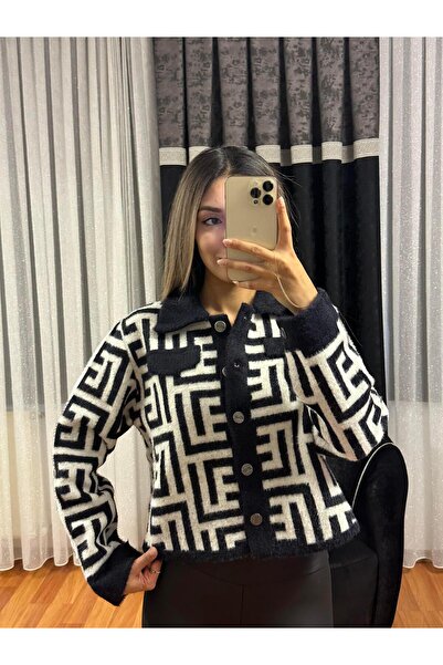 SHINE STYLE Black Cream Colored Cardigan with Geometric Pattern
