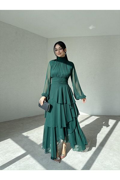 Afiş Butik Rochie plisată cu mâneci din tul cu fustă din șifon