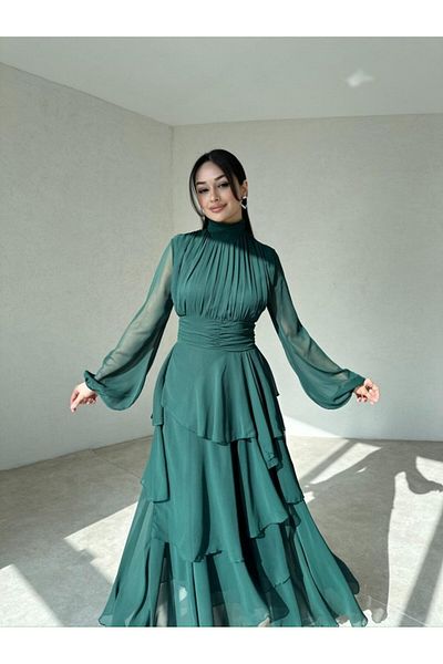 Afiş Butik Rochie plisată cu mâneci din tul cu fustă din șifon