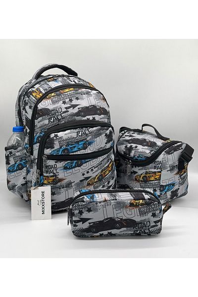 ms mixxstore Rucsac pentru școală primară pentru bărbați cu model de mașină, cu alimentare din folie și suport pentru stilou